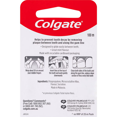 Colgate Dental Floss Waxed 100m Mint Flavour Each