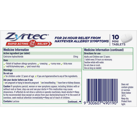 Zyrtec Rapid Acting Hayfever Allergy Relief Antihistamine Tablets 10