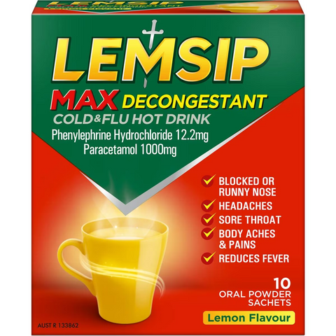 Lemsip Max Cold & Flu Hot Drink Lemon Decongestant With Paracetamol 10 Pack