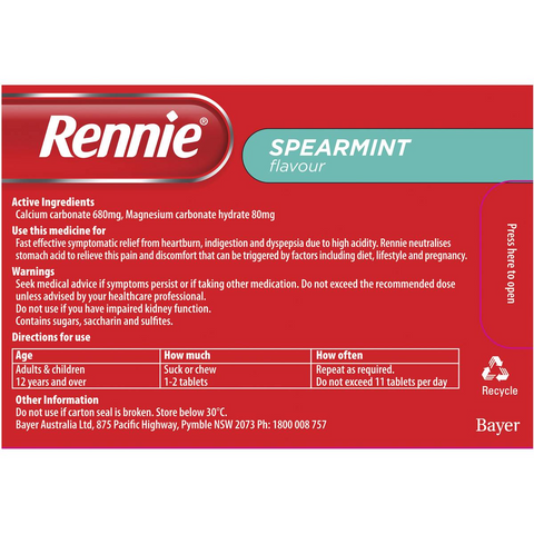 Rennie Indigestion & Heartburn Relief Spearmint Chewable Tablets 48 Pack