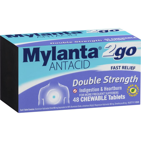 Mylanta 2go Antacid Double Strength Chewable Tablets Lemon Mint 48