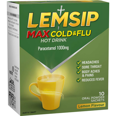 Lemsip Max Cold & Flu Hot Drink With Paracetamol Lemon Sachets 10 Pack