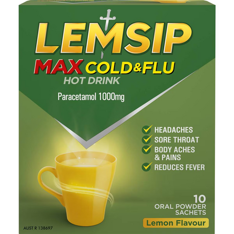 Lemsip Max Cold & Flu Hot Drink With Paracetamol Lemon Sachets 10 Pack