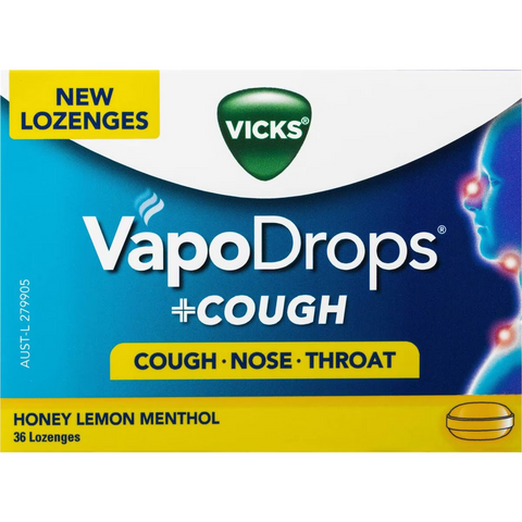 Vicks Vapodrop & Cough Sore Throat Lozenges Honey Lemon 36 Pack