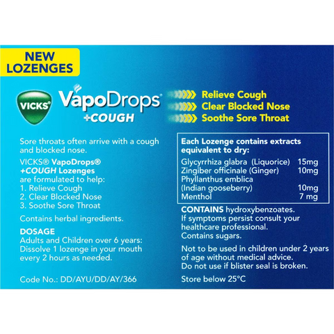 Vicks Vapodrop & Cough Sore Throat Lozenges Honey Lemon 36 Pack