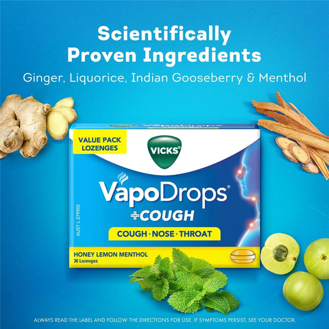 Vicks Vapodrop & Cough Sore Throat Lozenges Honey Lemon 36 Pack