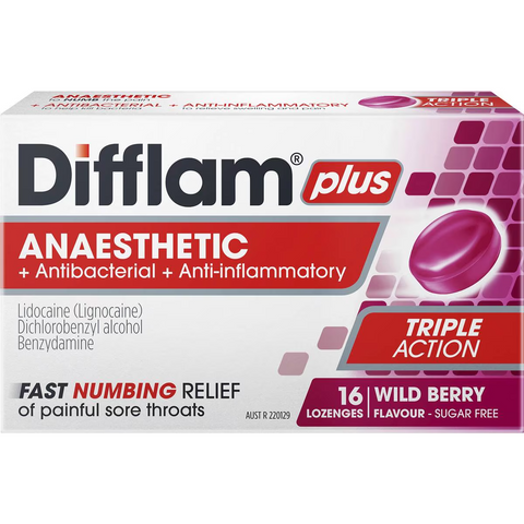 Difflam Plus Sore Throat Lozenges + Anaesthetic Berry 16 Pack