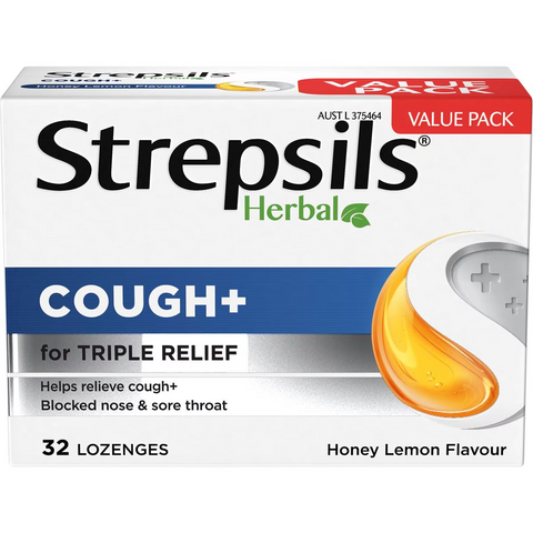 Strepsils Herbal Cough Blocked Nose Sore Throat Lozenges Honey Lemon 32