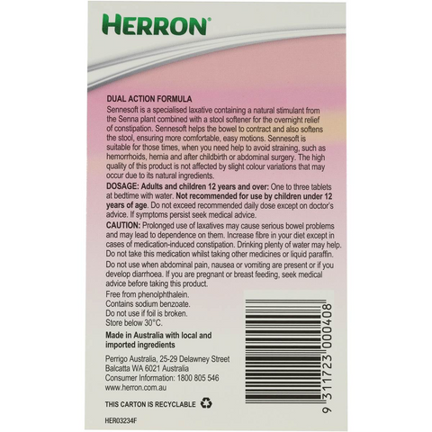 Herron Sennesoft Laxatives Overnight Relief 100 Pack