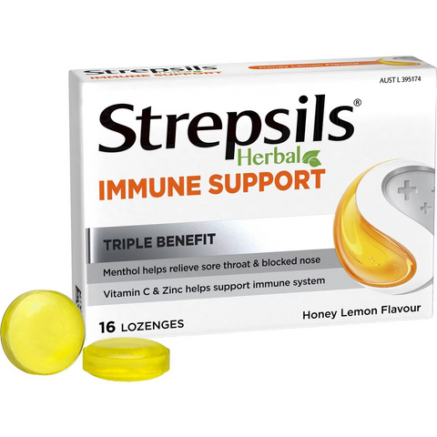 Strepsils Herbal Lozenges Immune Support Honey Lemon 16 Pack