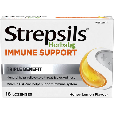 Strepsils Herbal Lozenges Immune Support Honey Lemon 16 Pack