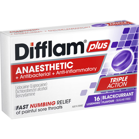 Difflam Plus Sore Throat Lozenges Blackcurrant Anaesthetic 16 Pack