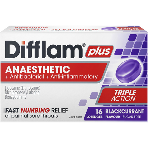 Difflam Plus Sore Throat Lozenges Blackcurrant Anaesthetic 16 Pack