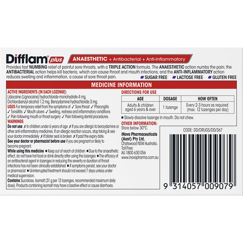 Difflam Plus Sore Throat Lozenges Blackcurrant Anaesthetic 16 Pack