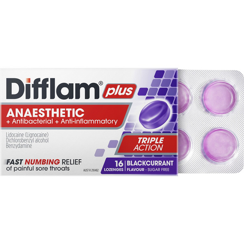 Difflam Plus Sore Throat Lozenges Blackcurrant Anaesthetic 16 Pack