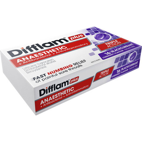 Difflam Plus Sore Throat Lozenges Blackcurrant Anaesthetic 16 Pack