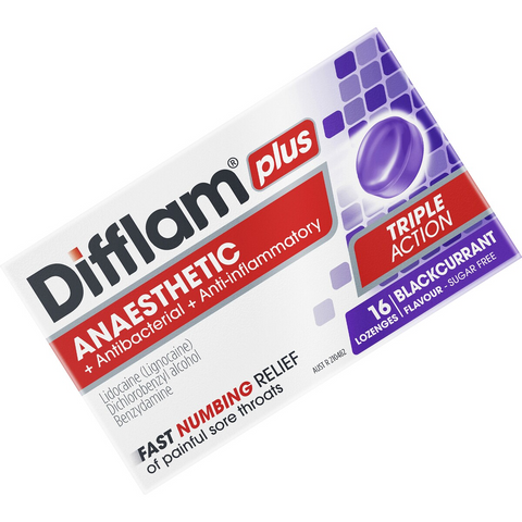 Difflam Plus Sore Throat Lozenges Blackcurrant Anaesthetic 16 Pack