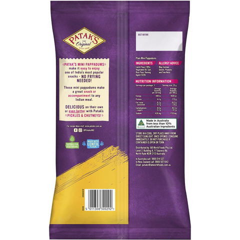 Patak's Ready To Eat Pappadums Mini Plain Original 75g