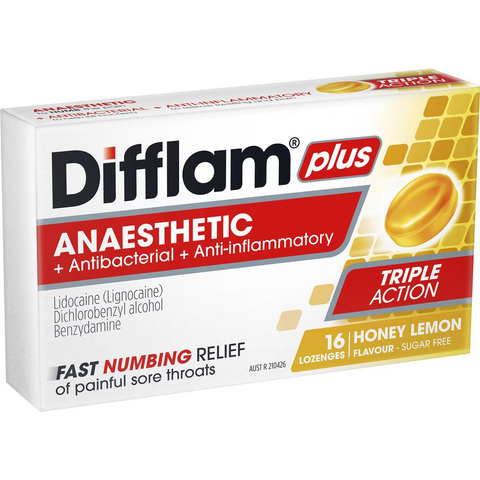 Difflam Plus Sore Throat Lozenges Honey Anaesthetic 16 Pack