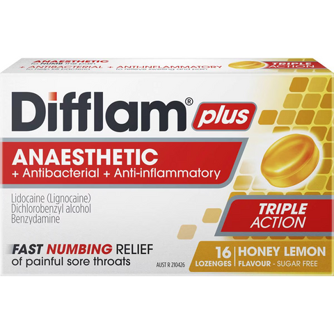 Difflam Plus Sore Throat Lozenges Honey Anaesthetic 16 Pack