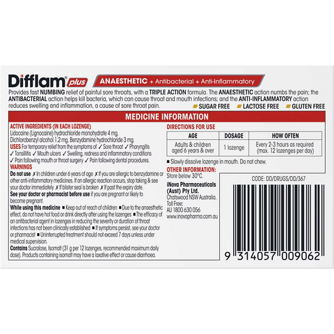 Difflam Plus Sore Throat Lozenges Honey Anaesthetic 16 Pack